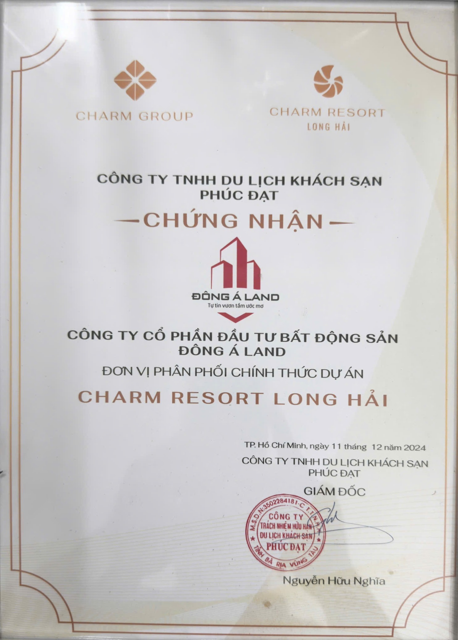 Chứng nhận Đông Á Land là đơn vị phân phối chính thức Charm Resort Long Hải