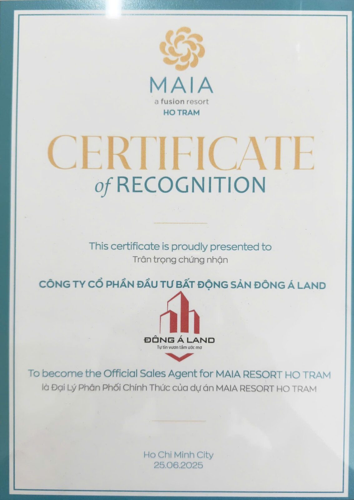Chứng nhận Đại lý phân phối chính thức Maia Resort Hồ Tràm — Đông Á Land