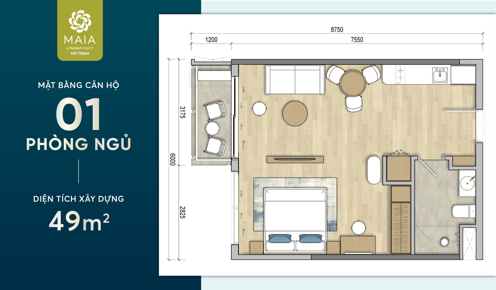 Mặt bằng căn hộ 1 phòng ngủ 49m2 Maia Hồ Tràm