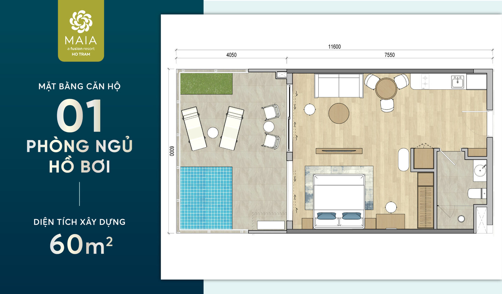Mặt bằng căn hộ 1 phòng ngủ có hồ bơi 60m2 Maia Hồ Tràm