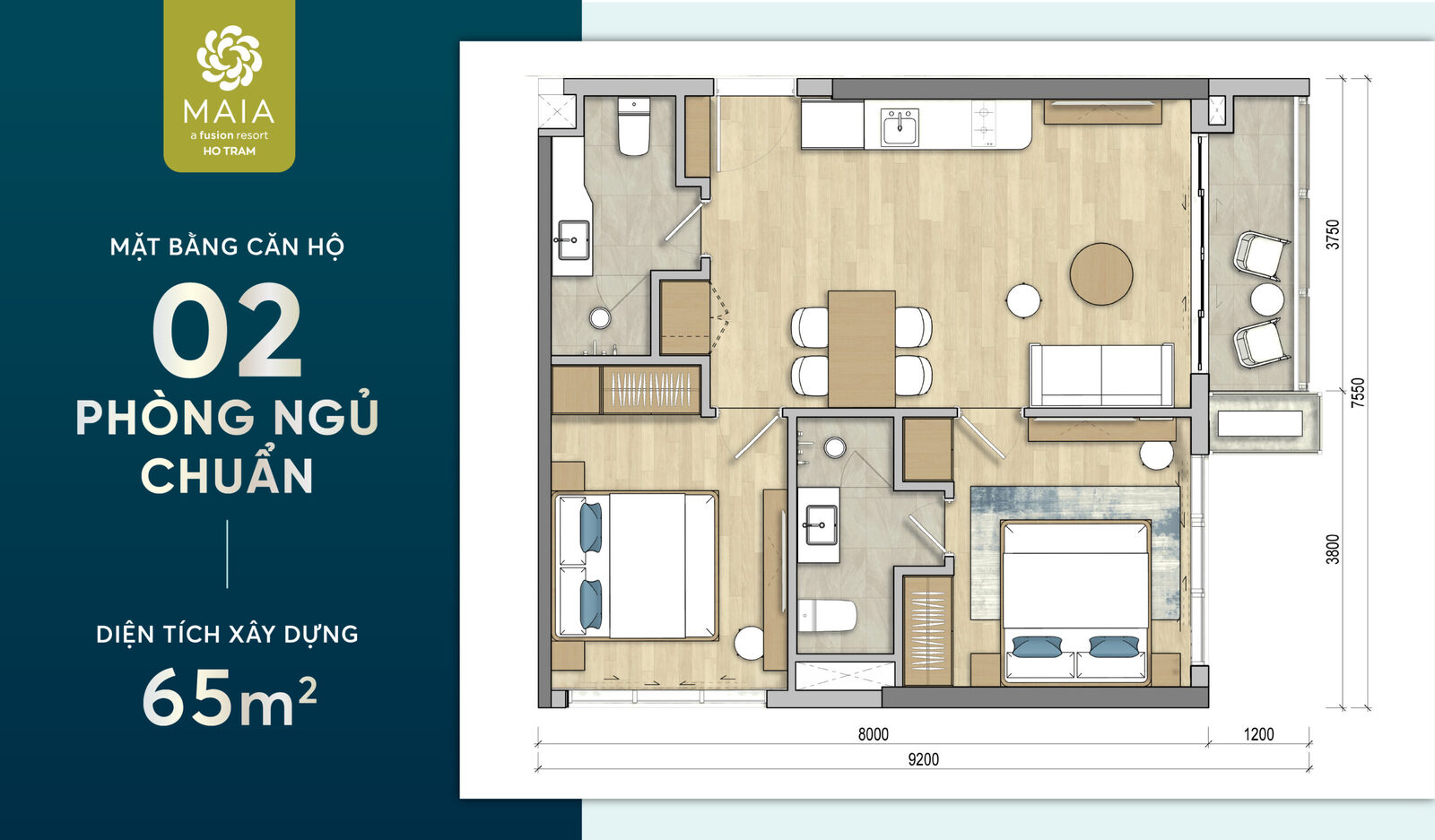 Mặt bằng căn hộ 2 phòng ngủ chuẩn 65m2 Maia Hồ Tràm