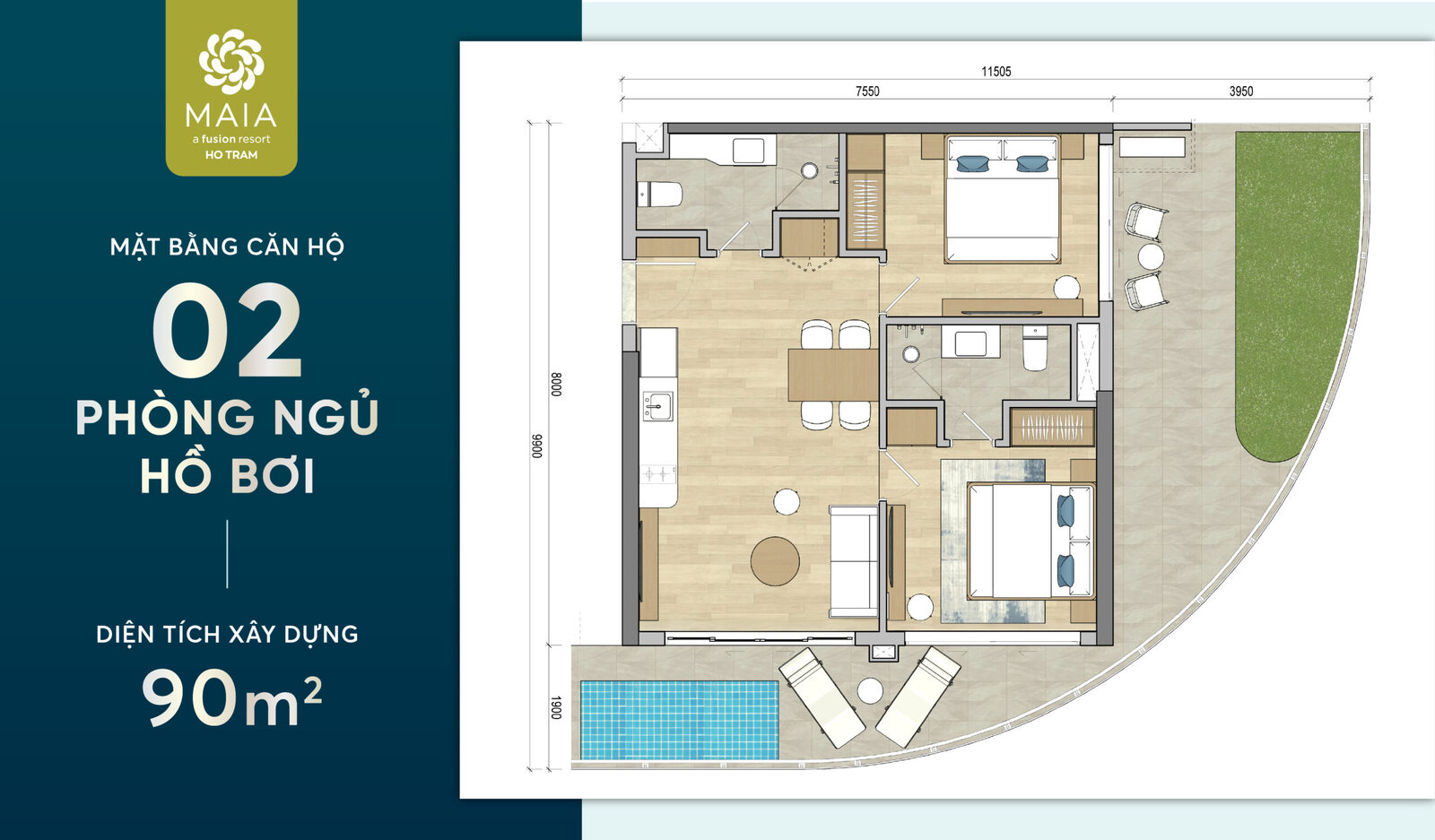 Mặt bằng căn hộ 2 phòng ngủ có hồ bơi 90m2 Maia Hồ Tràm