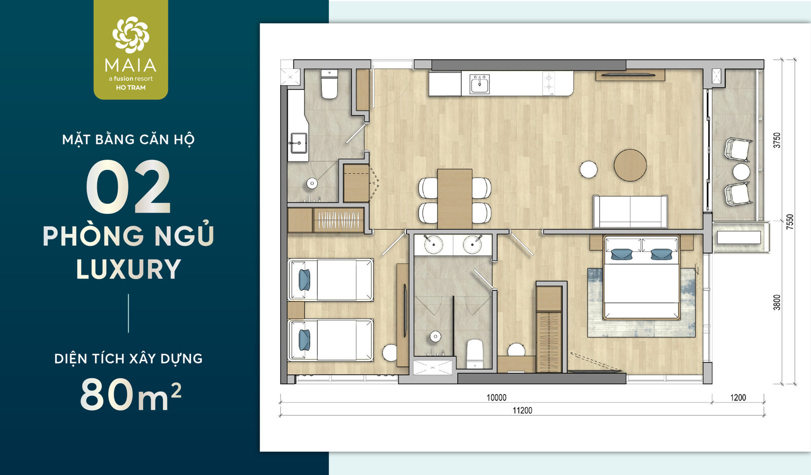 Mặt bằng căn hộ 2 phòng ngủ Luxury 80m2 Maia Hồ Tràm