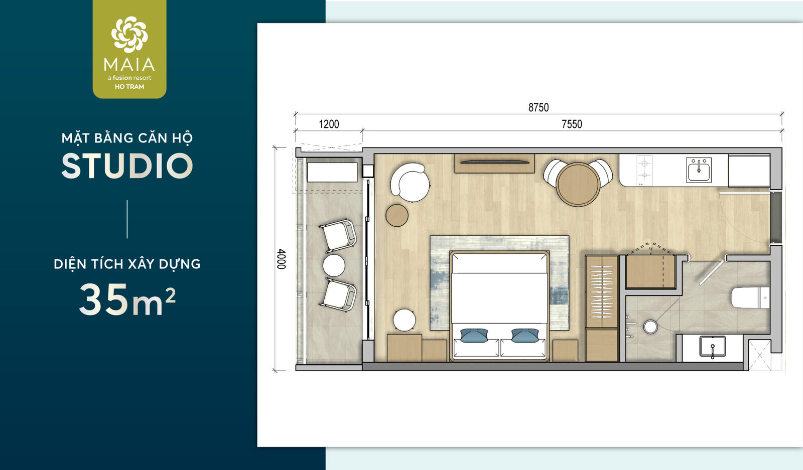 Mặt bằng căn hộ Studio 35m2 Maia Hồ Tràm