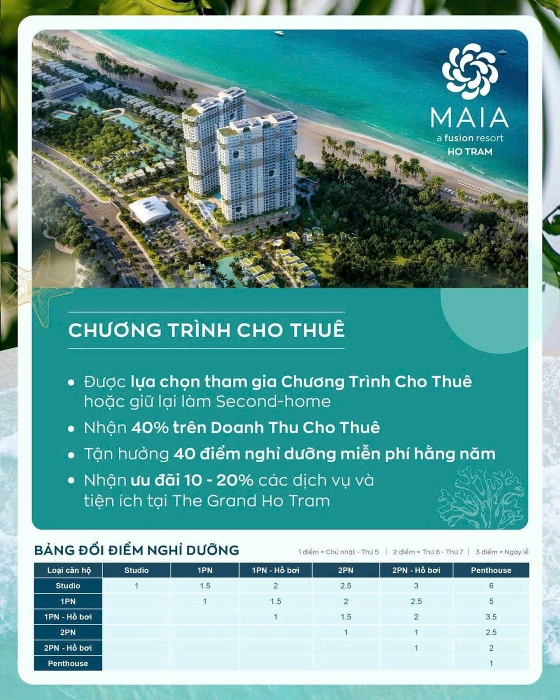 Chương trình cho thuê và bảng đổi điểm nghỉ dưỡng Maia Resort Hồ Tràm
